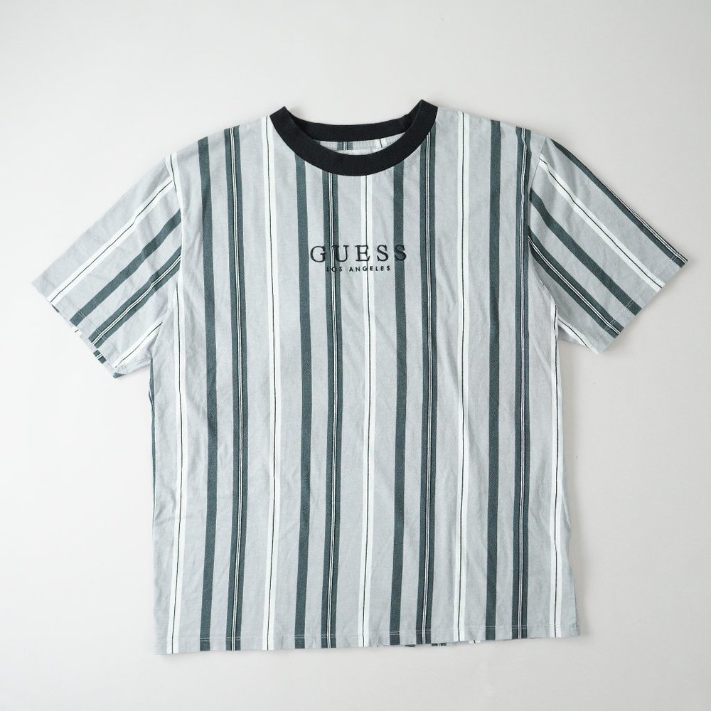 Guess Stripe T-Shirt Short Sleeve Embroidered Streetwear Designer Gray Men Size